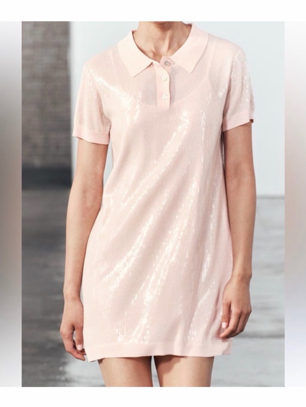 Zara Pale Blush Sequin Polo Dress - Picture 2 of 4